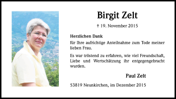 Anzeige von Birgit Zelt von Kölner Stadt-Anzeiger / Kölnische Rundschau / Express