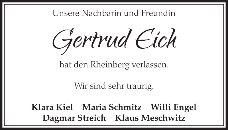 Traueranzeige für Gertrud Eich vom 10.06.2015 aus  Schlossbote/Werbekurier 
