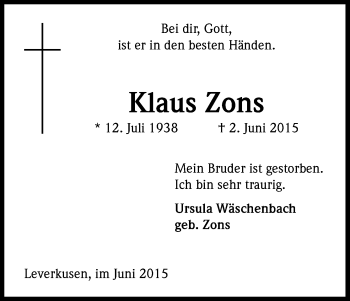 Anzeige von Klaus Zons von Kölner Stadt-Anzeiger / Kölnische Rundschau / Express