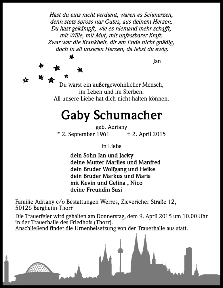  Traueranzeige für Gaby Schumacher vom 07.04.2015 aus Kölner Stadt-Anzeiger / Kölnische Rundschau / Express