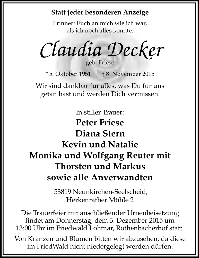  Traueranzeige für Claudia Decker vom 21.11.2015 aus Kölner Stadt-Anzeiger / Kölnische Rundschau / Express