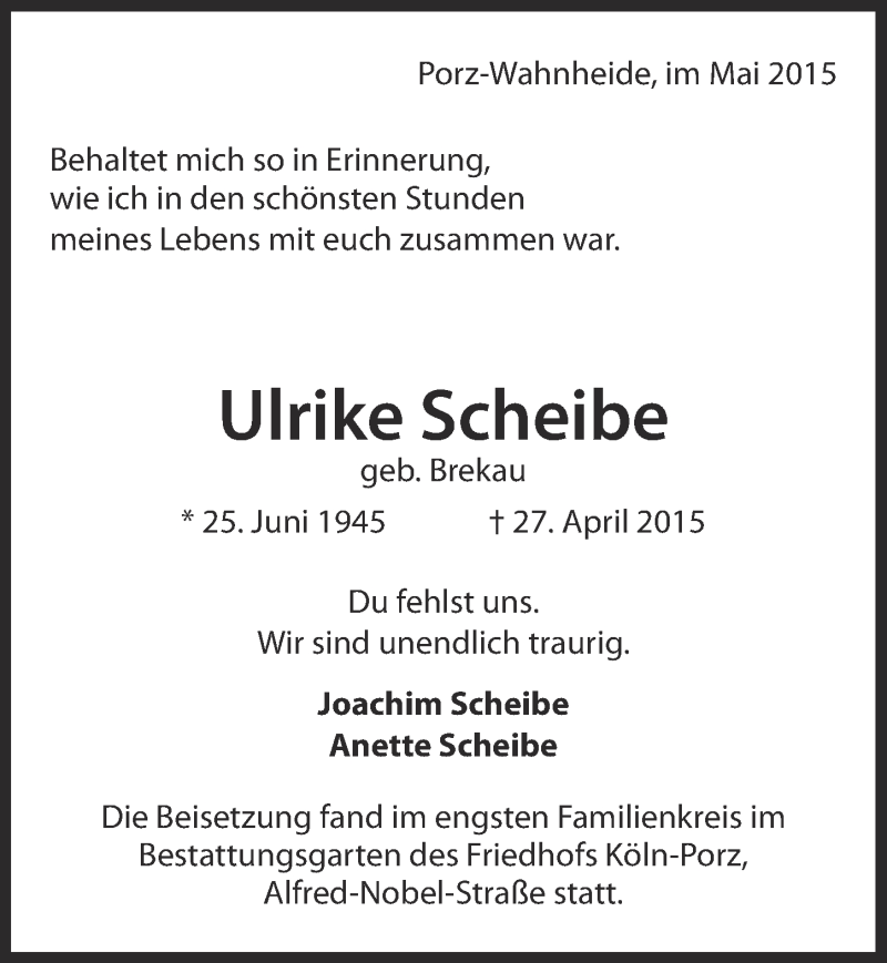  Traueranzeige für Ulrike Scheibe vom 20.05.2015 aus  Kölner Wochenspiegel 
