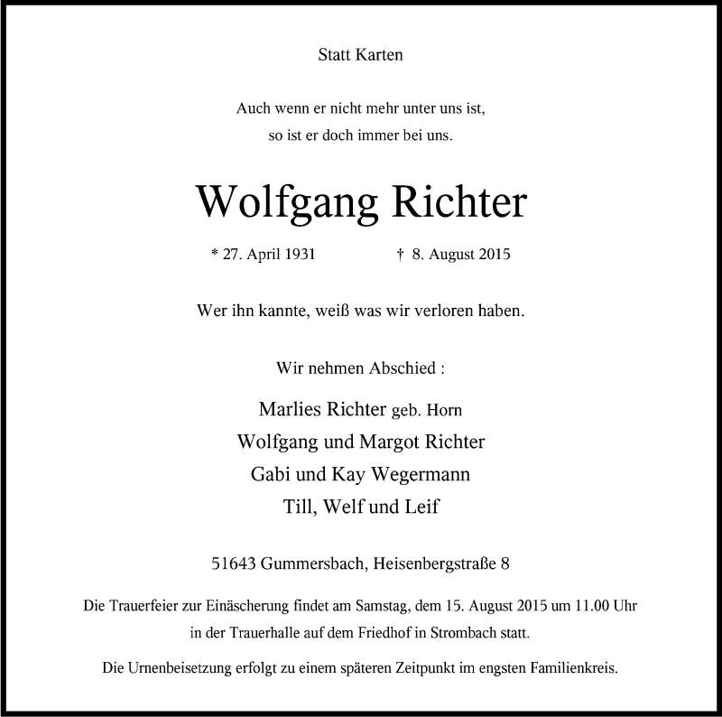  Traueranzeige für Wolfgang Richter vom 12.08.2015 aus Kölner Stadt-Anzeiger / Kölnische Rundschau / Express