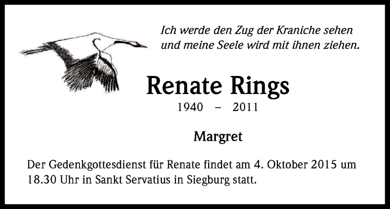  Traueranzeige für Renate Rings vom 29.09.2015 aus Kölner Stadt-Anzeiger / Kölnische Rundschau / Express