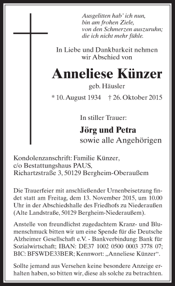 Anzeige von Anneliese Künzer von  Werbepost 