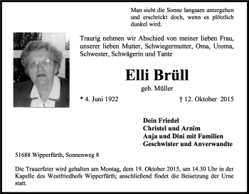 Anzeige von Elli Brüll von Kölner Stadt-Anzeiger / Kölnische Rundschau / Express
