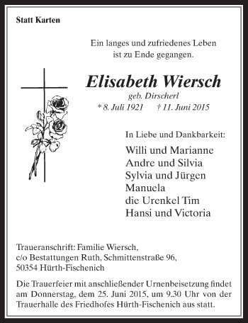 Anzeige von Elisabeth Wiersch von  Wochenende  Werbepost 