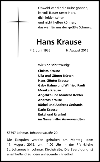 Anzeige von Hans Krause von Kölner Stadt-Anzeiger / Kölnische Rundschau / Express