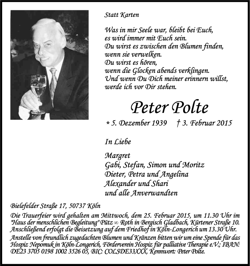  Traueranzeige für Peter Polte vom 14.02.2015 aus Kölner Stadt-Anzeiger / Kölnische Rundschau / Express