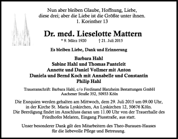 Anzeige von Lieselotte Mattern von Kölner Stadt-Anzeiger / Kölnische Rundschau / Express