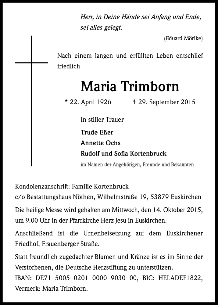  Traueranzeige für Maria Trimborn vom 10.10.2015 aus Kölner Stadt-Anzeiger / Kölnische Rundschau / Express