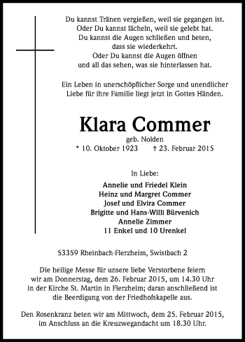 Anzeige von Klara Commer von Kölner Stadt-Anzeiger / Kölnische Rundschau / Express
