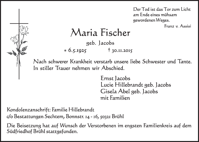  Traueranzeige für Maria Fischer vom 16.12.2015 aus  Schlossbote/Werbekurier 