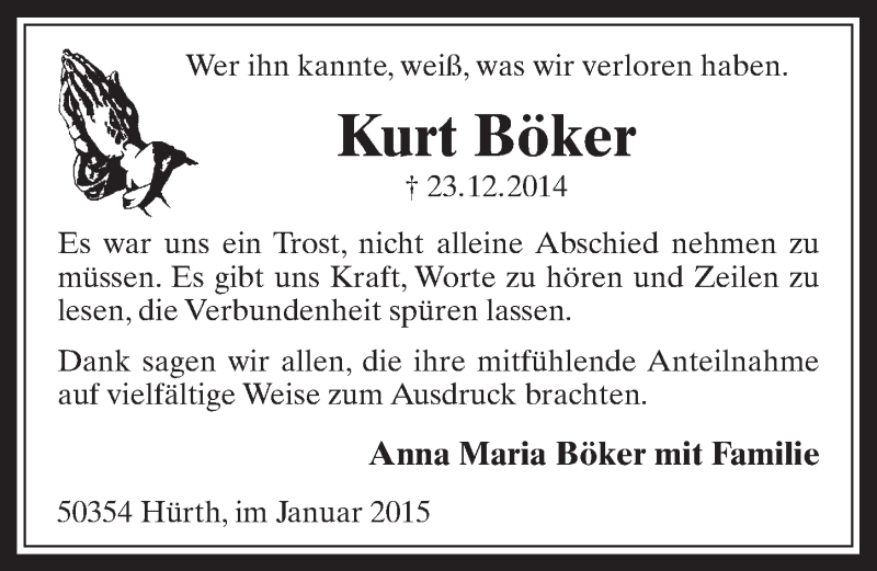  Traueranzeige für Kurt Böker vom 28.01.2015 aus  Wochenende 