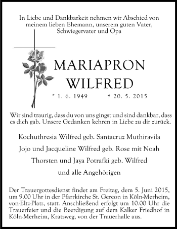 Anzeige von Mariapron Wilfred von Kölner Stadt-Anzeiger / Kölnische Rundschau / Express
