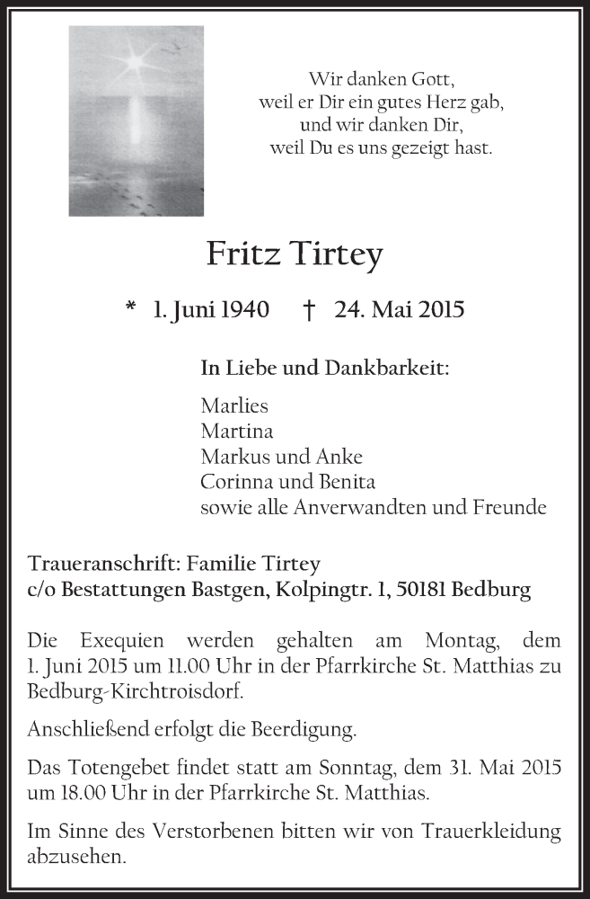  Traueranzeige für Fritz Tirtey vom 30.05.2015 aus  Sonntags-Post 