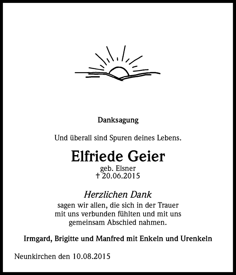  Traueranzeige für Elfriede Geier vom 12.08.2015 aus Kölner Stadt-Anzeiger / Kölnische Rundschau / Express