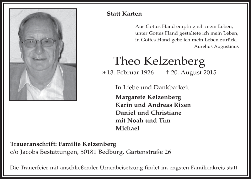 Traueranzeige für Theo Kelzenberg vom 26.08.2015 aus  Werbepost 