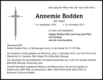 Anzeige von Annemie Bodden von Kölner Stadt-Anzeiger / Kölnische Rundschau / Express