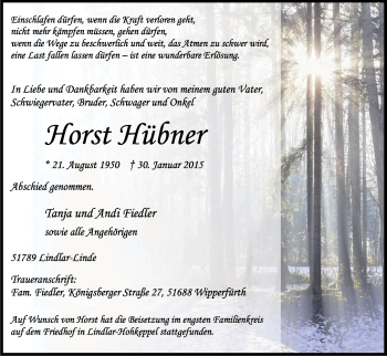 Anzeige von Horst Hübner von Kölner Stadt-Anzeiger / Kölnische Rundschau / Express