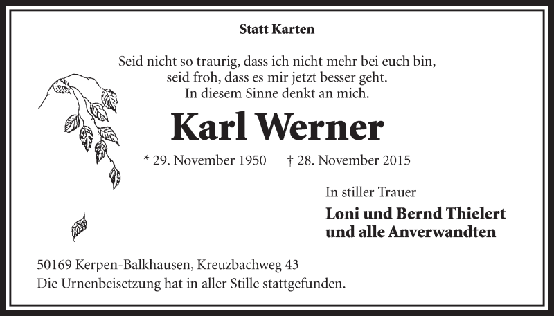  Traueranzeige für Karl Werner vom 05.12.2015 aus  Sonntags-Post 