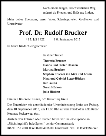 Anzeige von Rudolf Brucker von Kölner Stadt-Anzeiger / Kölnische Rundschau / Express