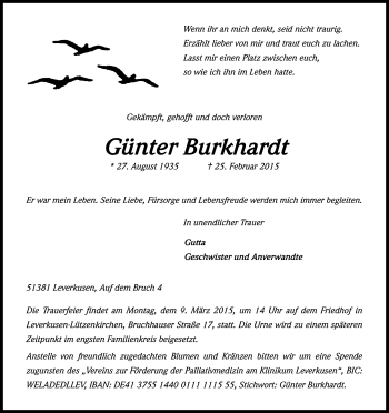 Anzeige von Günter Burkhardt von Kölner Stadt-Anzeiger / Kölnische Rundschau / Express