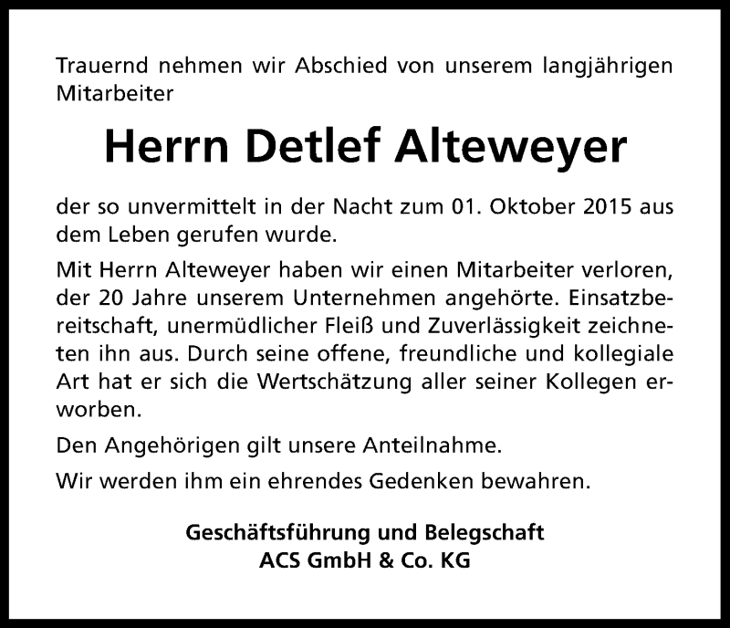  Traueranzeige für Detlef Alteweyer vom 10.10.2015 aus Kölner Stadt-Anzeiger / Kölnische Rundschau / Express