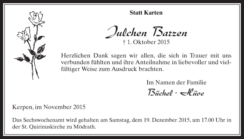  Traueranzeige für Julchen Barzen vom 16.12.2015 aus  Werbepost 