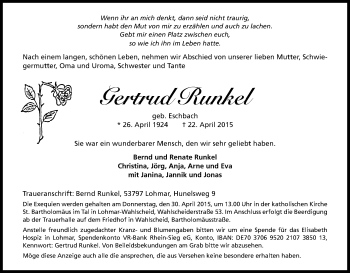 Anzeige von Gertrud Runkel von Kölner Stadt-Anzeiger / Kölnische Rundschau / Express
