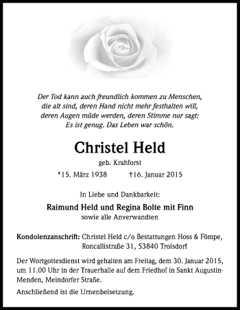 Anzeige von Christel Held von Kölner Stadt-Anzeiger / Kölnische Rundschau / Express