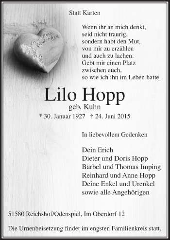 Anzeige von Lilo Hopp von  Lokalanzeiger 