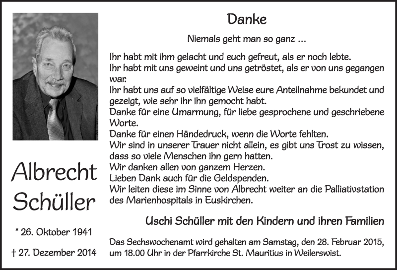  Traueranzeige für Albrecht Schüller vom 22.02.2015 aus  Blickpunkt Euskirchen 