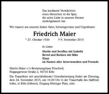 Anzeige von Friedrich Maier von Kölner Stadt-Anzeiger / Kölnische Rundschau / Express