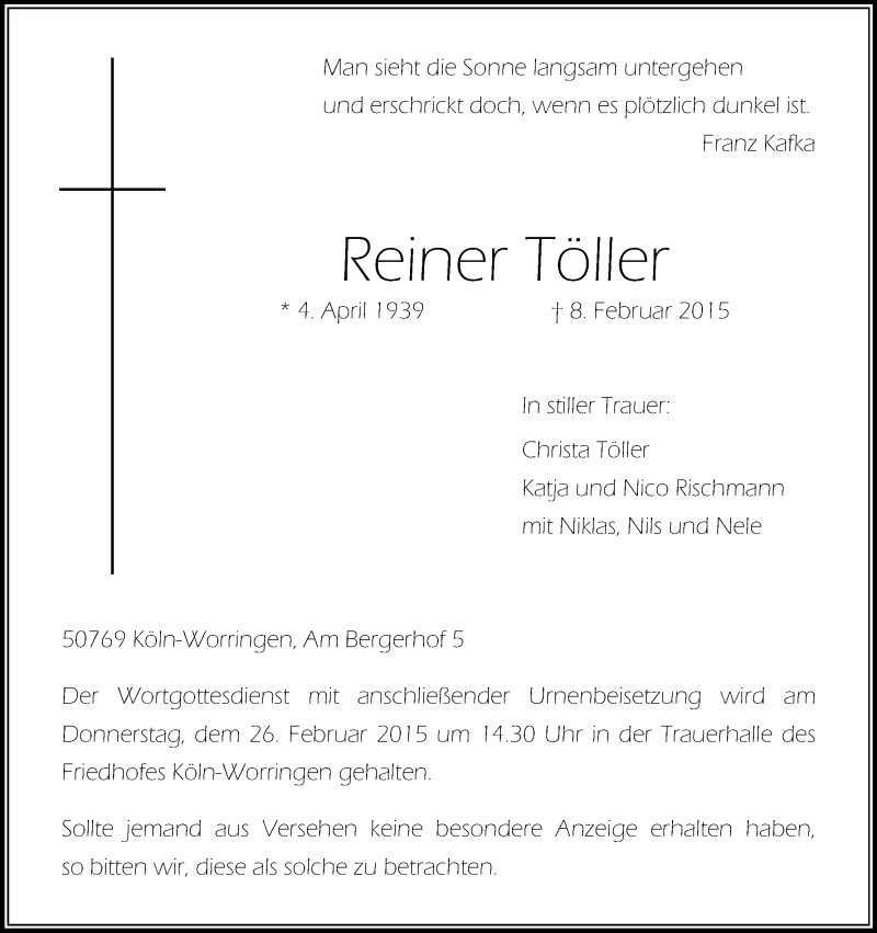  Traueranzeige für Reiner Töller vom 21.02.2015 aus Kölner Stadt-Anzeiger / Kölnische Rundschau / Express