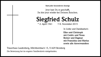Anzeige von Siegfried Schulz von Kölner Stadt-Anzeiger / Kölnische Rundschau / Express