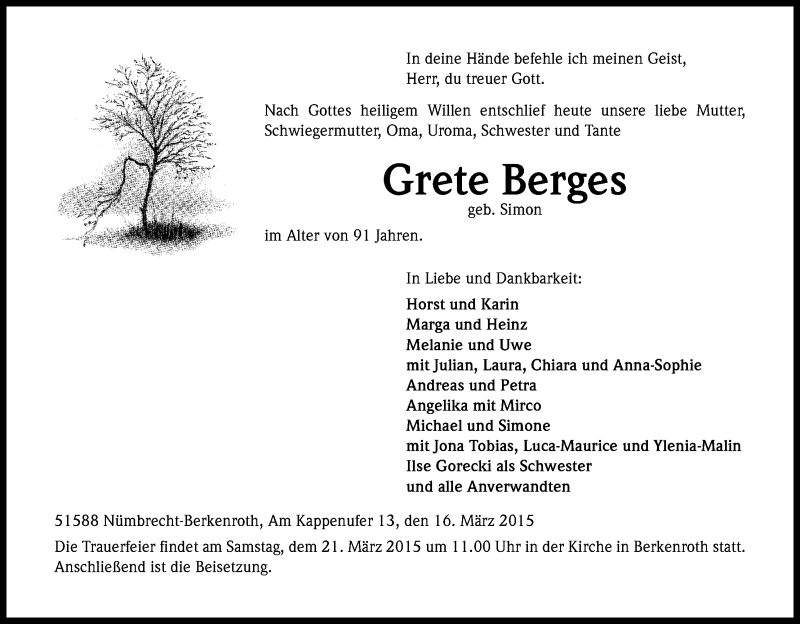  Traueranzeige für Grete Berges vom 18.03.2015 aus Kölner Stadt-Anzeiger / Kölnische Rundschau / Express