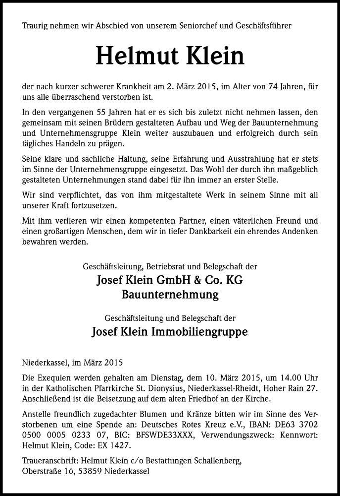  Traueranzeige für Helmut Klein vom 07.03.2015 aus Kölner Stadt-Anzeiger / Kölnische Rundschau / Express