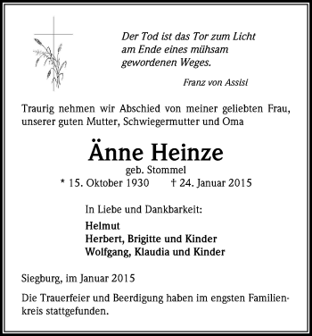 Anzeige von Änne Heinze von Kölner Stadt-Anzeiger / Kölnische Rundschau / Express