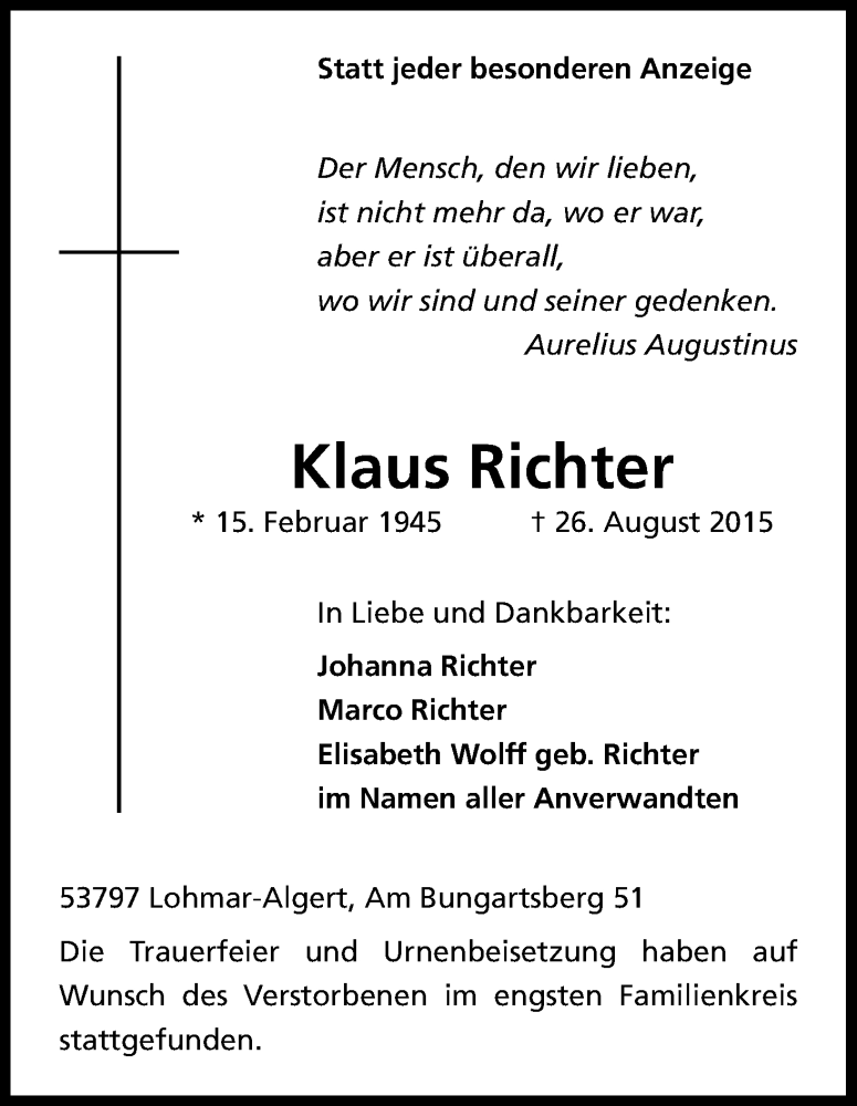  Traueranzeige für Klaus Richter vom 05.09.2015 aus Kölner Stadt-Anzeiger / Kölnische Rundschau / Express