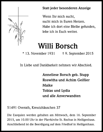 Anzeige von Willi Borsch von Kölner Stadt-Anzeiger / Kölnische Rundschau / Express