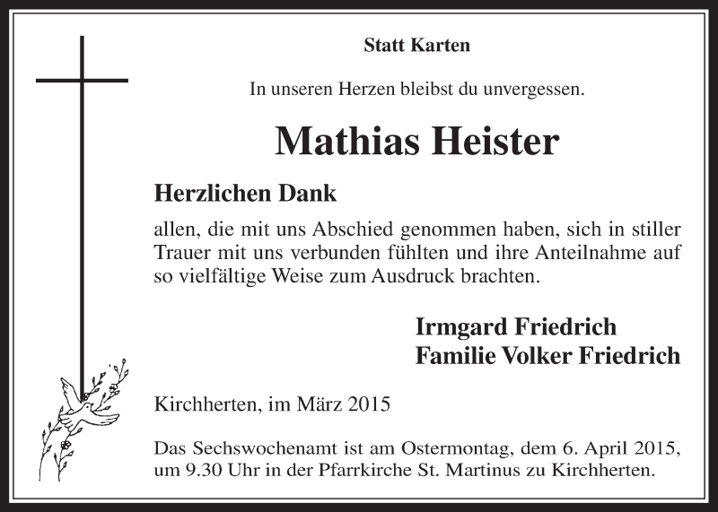  Traueranzeige für Mathias Heister vom 25.03.2015 aus  Werbepost 