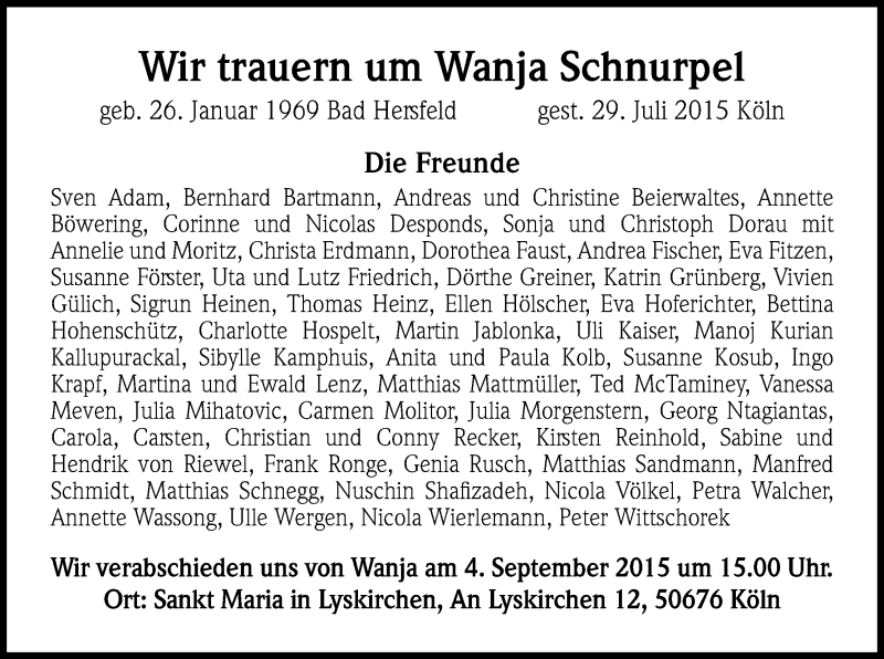  Traueranzeige für Wanja Schnurpel vom 29.08.2015 aus Kölner Stadt-Anzeiger / Kölnische Rundschau / Express