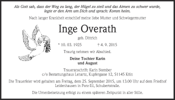 Anzeige von Inge Overath von  Kölner Wochenspiegel 
