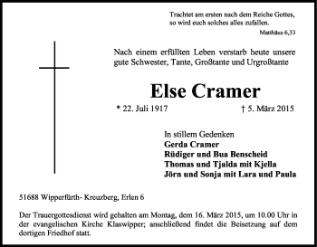 Anzeige von Else Cramer von Kölner Stadt-Anzeiger / Kölnische Rundschau / Express
