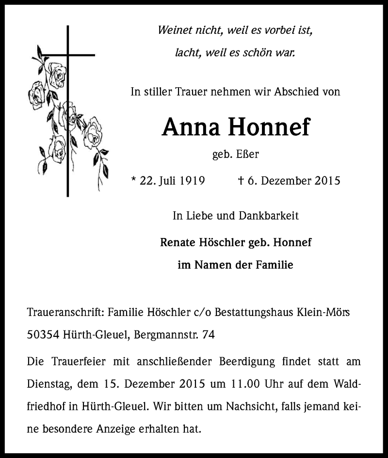  Traueranzeige für Anna Honnef vom 12.12.2015 aus Kölner Stadt-Anzeiger / Kölnische Rundschau / Express