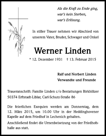 Anzeige von Werner Linden von Kölner Stadt-Anzeiger / Kölnische Rundschau / Express