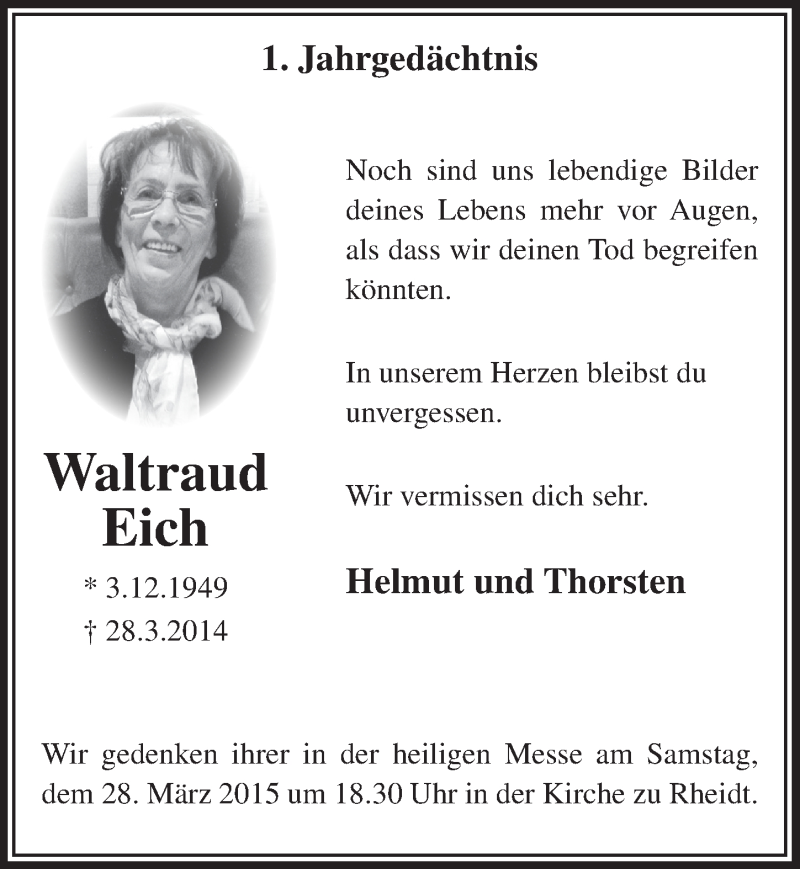  Traueranzeige für Waltraud Eich vom 25.03.2015 aus  Extra Blatt 