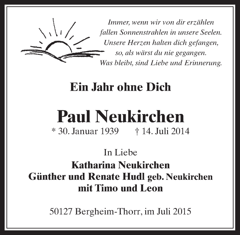  Traueranzeige für Paul Neukirchen vom 15.07.2015 aus  Werbepost 