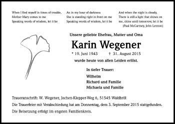 Anzeige von Karin Wegener von Kölner Stadt-Anzeiger / Kölnische Rundschau / Express